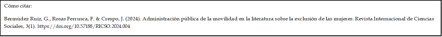 Cómo citar: 

Bermúdez Ruíz, G., Rosas Ferrusca, F. & Crespo, J. (2024). Administración pública de la movilidad en la literatura sobre la exclusión de las mujeres. Revista Internacional de Ciencias Sociales, 3(1). https://doi.org/10.57188/RICSO.2024.004
