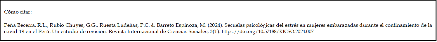 Cómo citar: 

Peña Becerra, R.L., Rubio Chuyes, G.G., Ruesta Ludeñas, P.C. & Barreto Espinoza, M. (2024). Secuelas psicológicas del estrés en mujeres embarazadas durante el confinamiento de la covid-19 en el Perú. Un estudio de revisión. Revista Internacional de Ciencias Sociales, 3(1). https://doi.org/10.57188/RICSO.2024.007     

