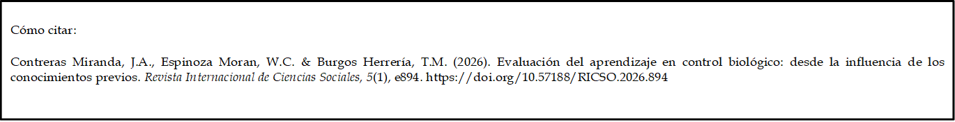 Cómo citar: 
	
Contreras Miranda, J.A., Espinoza Moran, W.C. & Burgos Herrería, T.M. (2026). Evaluación del aprendizaje en control biológico: desde la influencia de los conocimientos previos. Revista Internacional de Ciencias Sociales, 5(1), e894. https://doi.org/10.57188/RICSO.2026.894 

