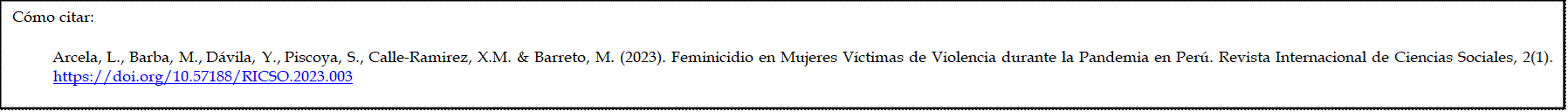 Cómo citar: 

          Arcela, L., Barba, M., Dávila, Y., Piscoya, S., Calle-Ramirez, X.M. & Barreto, M. (2023). Feminicidio en Mujeres Víctimas de Violencia durante la Pandemia en Perú. Revista Internacional de Ciencias Sociales, 2(1). https://doi.org/10.57188/RICSO.2023.003 


