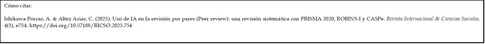 Cómo citar: 
	
Ishikawa Porras, A. & Altez Arias, C. (2025). Uso de IA en la revisión por pares (Peer review): una revisión sistemática con PRISMA 2020, ROBINS-I y CASPe. Revista Internacional de Ciencias Sociales, 4(3), e754. https://doi.org/10.57188/RICSO.2025.754     

