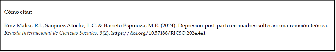 Cómo citar:

Ruiz Malca, R.I., Sanjinez Atoche, L.C. & Barreto Espinoza, M.E. (2024). Depresión post-parto en madres solteras: una revisión teórica. Revista Internacional de Ciencias Sociales, 3(2). https://doi.org/10.57188/RICSO.2024.441    
