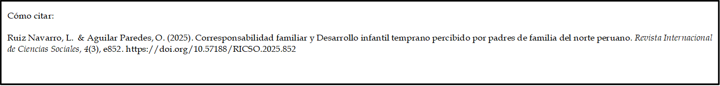 Cómo citar: 
	
Ruiz Navarro, L.  & Aguilar Paredes, O. (2025). Corresponsabilidad familiar y Desarrollo infantil temprano percibido por padres de familia del norte peruano. Revista Internacional de Ciencias Sociales, 4(3), e852. https://doi.org/10.57188/RICSO.2025.852      

